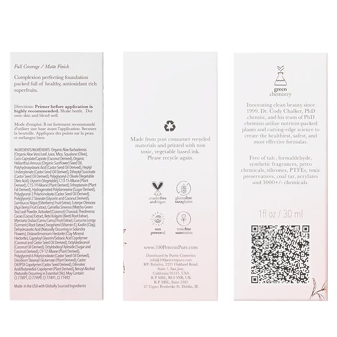 100% PURE Healthy Foundation Full Face Coverage Makeup, Liquid Matte Finish with Anti-Aging Benefits - Vegan Gorgeous Fruit Pigmented White Peach Color (Light with Warm Undertone) - 1 Fl Oz-FemmiqueWomen