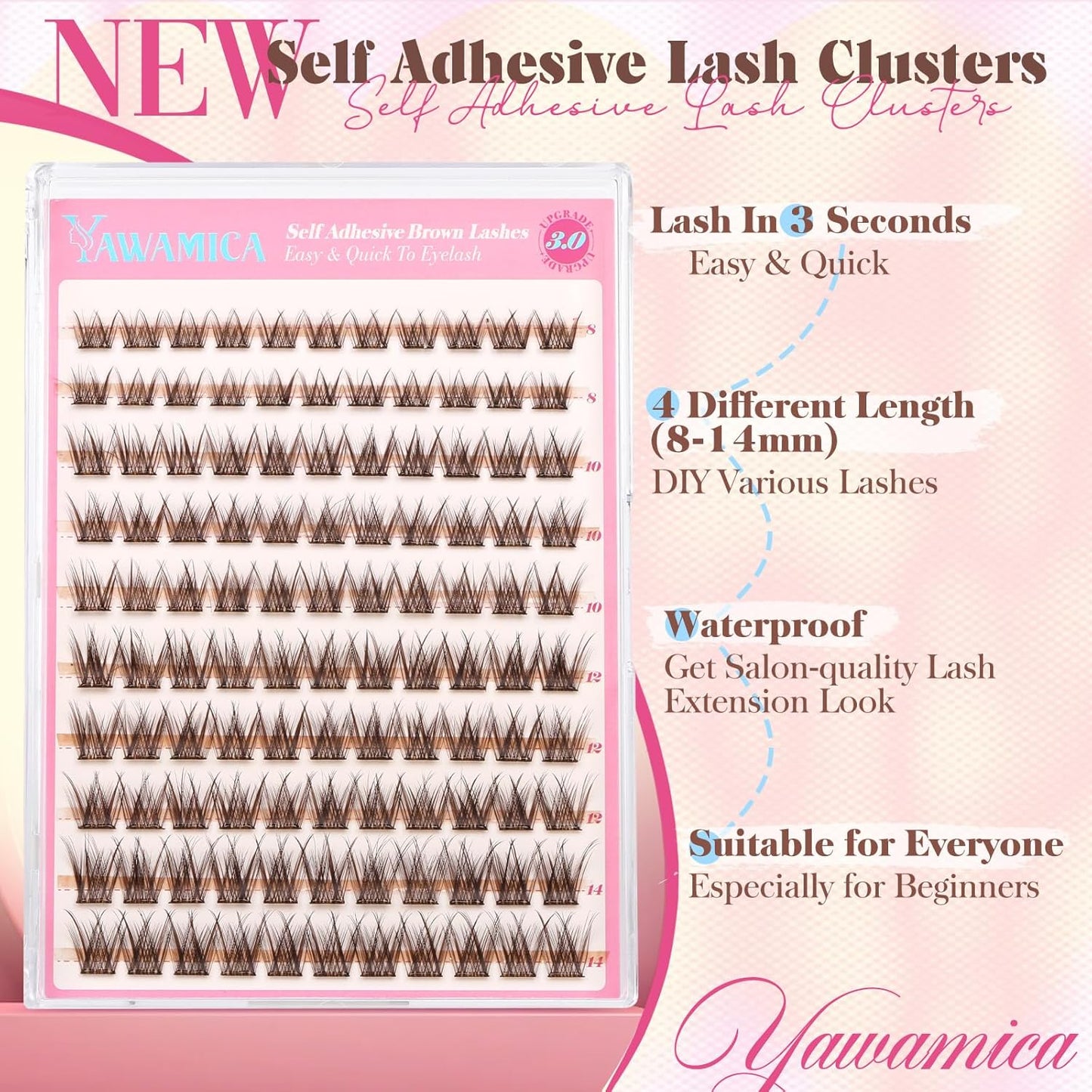 Yawamica Self Adhesive Eyelashes Brown Lash Clusters No Glue Needed Press on Lashes Reusable Pre-glued Eyelash Clusters 8-14mm Wispy Individual Lashes C Curl Cluster Lashes DIY Brown Lash Extension-FemmiqueWomen