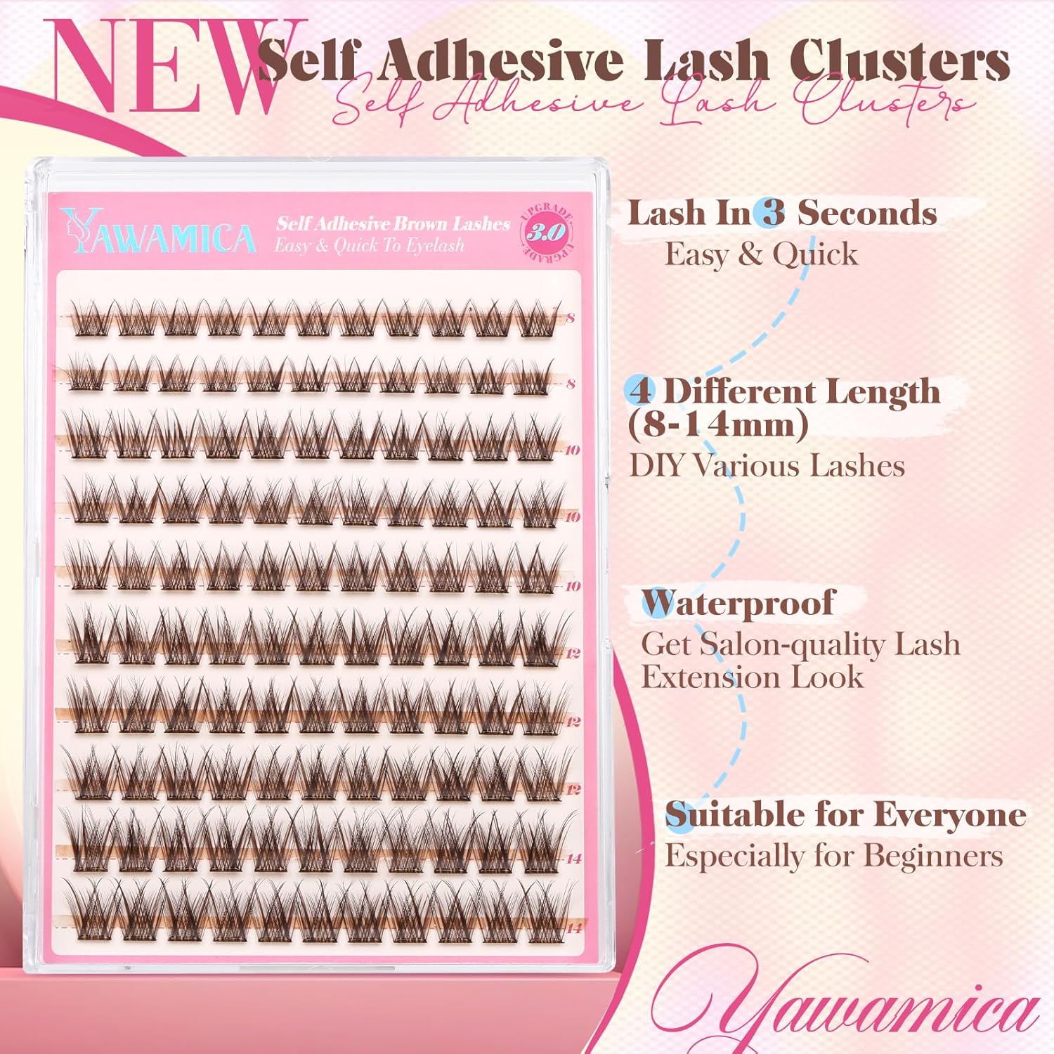 Yawamica Self Adhesive Eyelashes Brown Lash Clusters No Glue Needed Press on Lashes Reusable Pre-glued Eyelash Clusters 8-14mm Wispy Individual Lashes C Curl Cluster Lashes DIY Brown Lash Extension-FemmiqueWomen