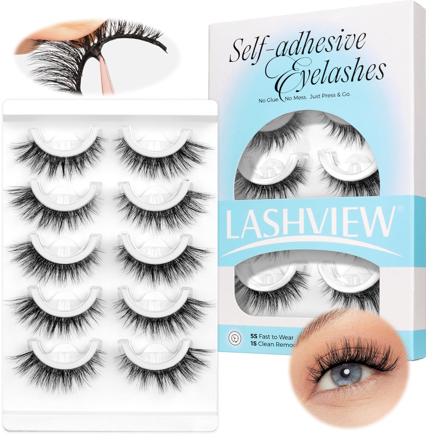 LASHVIEW Self Adhesive Eyelashes 5 Pairs Cat Eye Wispy Self-adhesive False Lashes Reusable Natural Look Press On Lashes No Glue Need Eyelashes with Replacement Adhesive Strips (CV131)-FemmiqueWomen