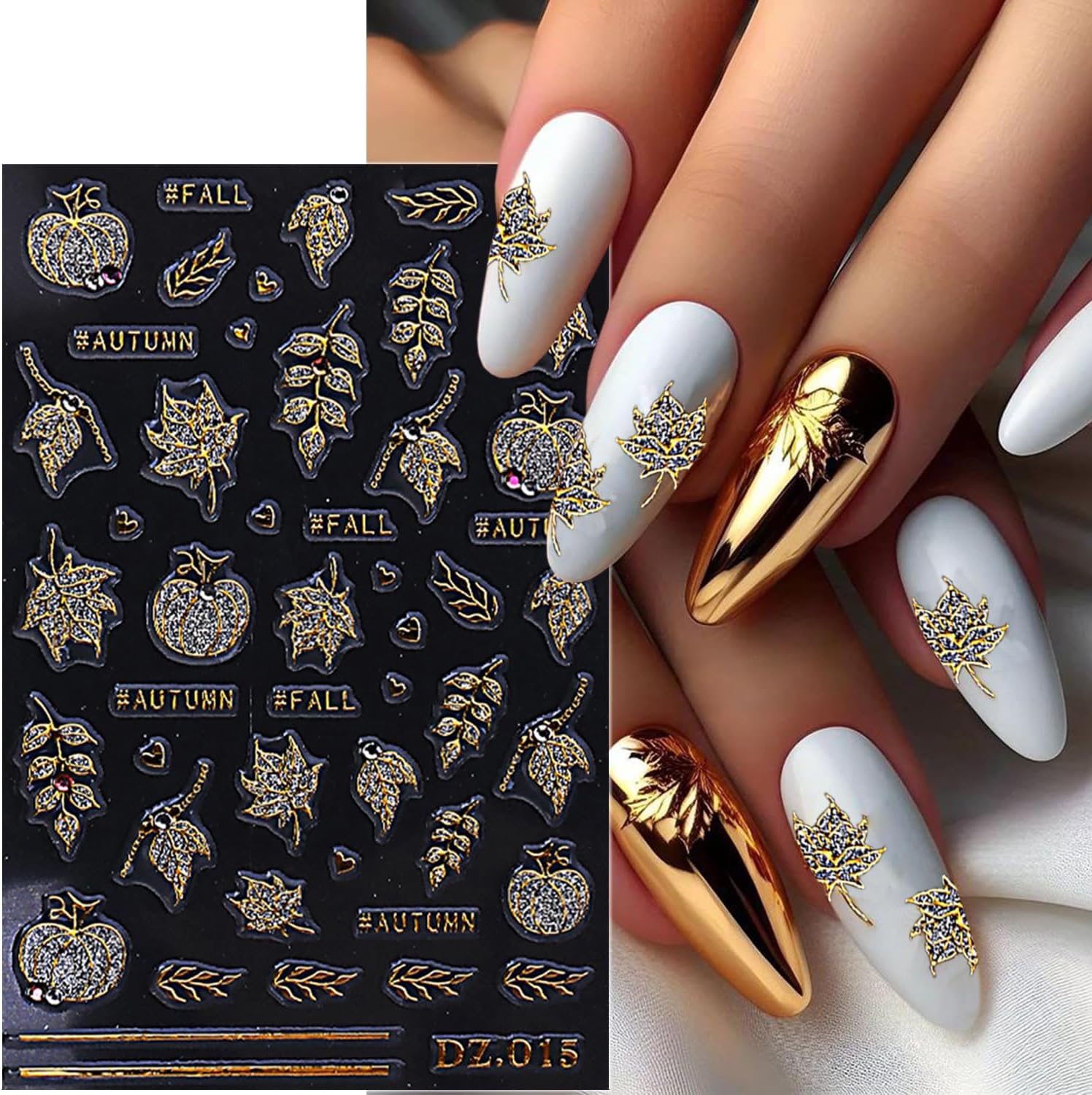 2 Sheets Fall Nail Stickers for Nail Art Glitter Gold Leaf Nail Art Stickers Embossed Autumn Pumpkin Nail Decals 5D Self-Adhesive Diamond Nail Design Sticker for Women Thanksgiving Nails Decoration-FemmiqueWomen