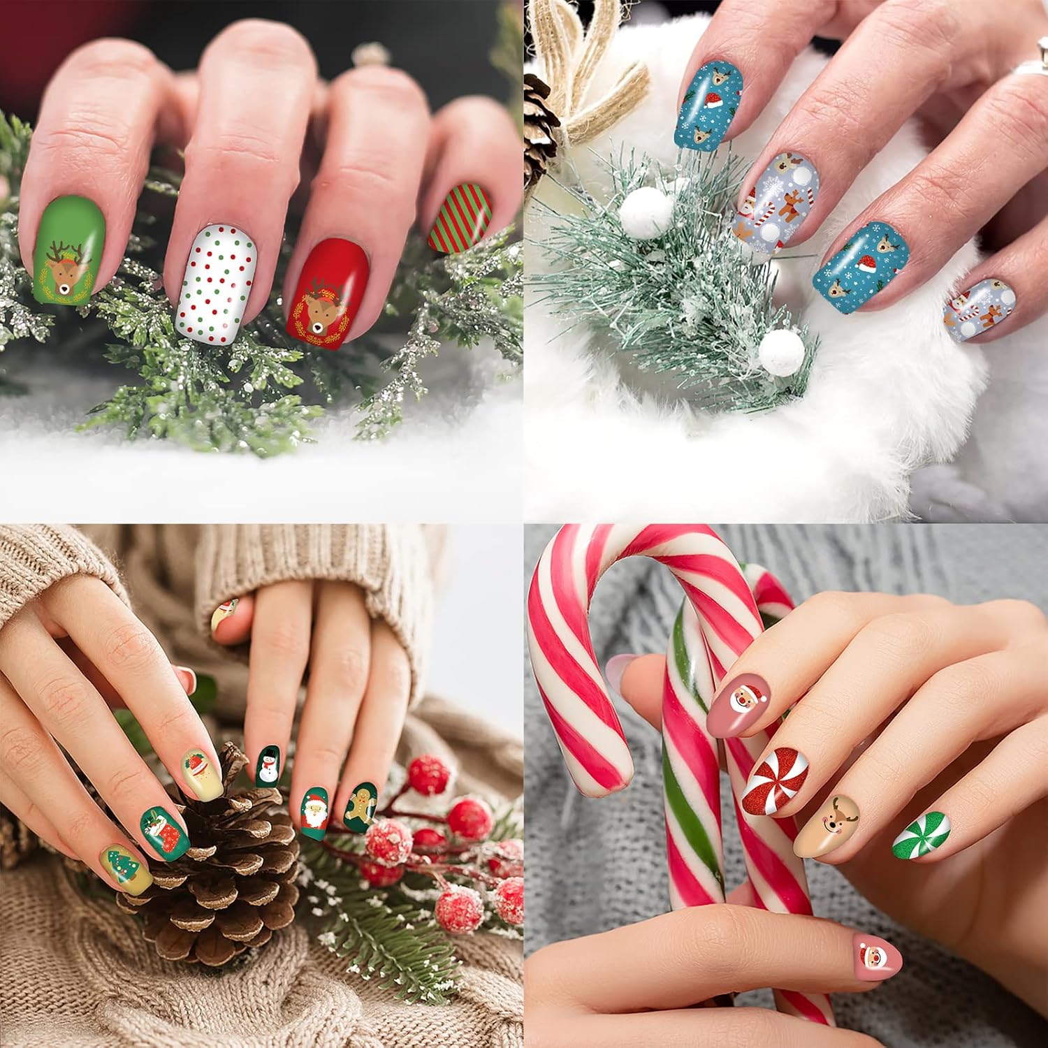 12 Sheets Christmas Nail Wraps Full Stickers Nail Polish Strips, DIY Self-Adhesive Nail Art Glitter Decals Santa Claus Reindeer Xmas Hat Pattern with 2 Piece Nail Files for Party Decor (168 Pieces)-FemmiqueWomen