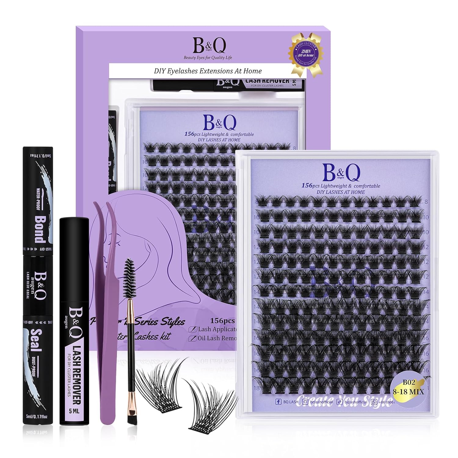 Lash Extension Kit B02 Eyelash Extension Kit B&Qaugen DIY Lash Extension Kit 156 PCS Lash Clusters 8-18mm Cluster Eyelash Extensions Kit with Lash Bond and Seal Lash Applicator Tool (Kit,B02)-FemmiqueWomen
