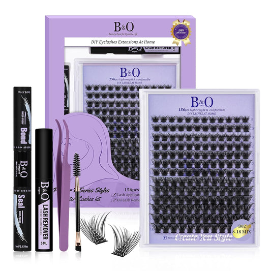 Lash Extension Kit B02 Eyelash Extension Kit B&Qaugen DIY Lash Extension Kit 156 PCS Lash Clusters 8-18mm Cluster Eyelash Extensions Kit with Lash Bond and Seal Lash Applicator Tool (Kit,B02)-FemmiqueWomen
