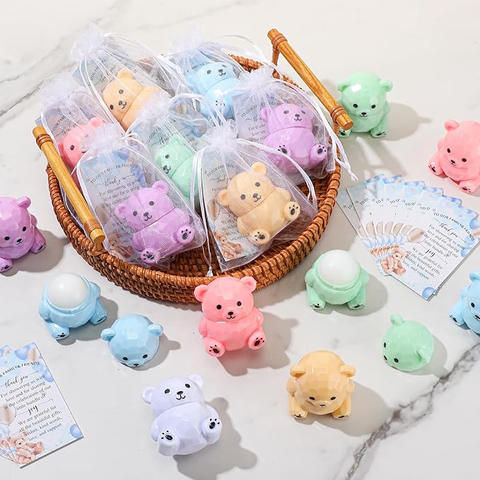 24 Sets Baby Shower Bear Lip Balm Favors Bear Lip Care Transparent Lipstick with Gift Bags and Thank You Cards for Baby Shower Gender Reveal Favors Decorations Gift Supplies-FemmiqueWomen