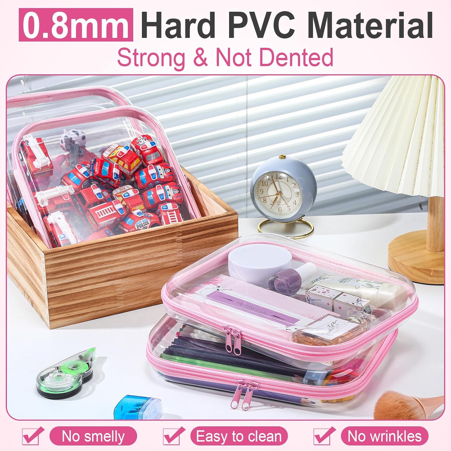Sanwuta 6 Pcs Clear Hard Zipper Case Pencil Pouches Hard Plastic Zipper Pouches Makeup Bag Transparent Cases for Snacks Plastic Storage Organizer Box for Travel(Pink,9.84 x 7.87 x 2 Inch)-FemmiqueWomen