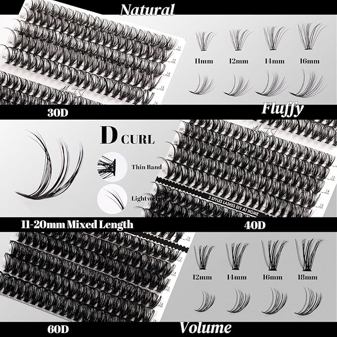 DIY Lash Extensions Kit 320pcs Individual Lashes Clusters 30D 40D 60D D Curl Eyelash Extension Kit with Applicator and Lash Bond&Seal, Lash Remover For False Eyelash Mix 11-20mm (30D+40D+60D KIT)-FemmiqueWomen