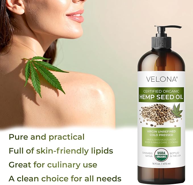 velona Hemp Seed Oil USDA Certified Organic - 16 Fl Oz | 100% Pure and Natural Carrier Oil | Unrefined, Cold Pressed | Hair, Body, Face & Skin Care-FemmiqueWomen