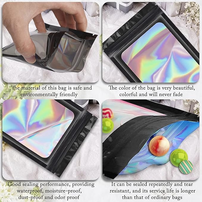 100 Pieces Smell Proof Mylar Bags, Holographic Packaging Bags, Resealable Odor Foil Pouch Zipper Bag with Clear Window for Food Storage and Lipgloss, Jewelry Lash (Black, 4 x 6 Inch)-FemmiqueWomen