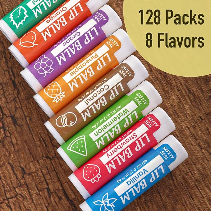 128 Pack Lip Balm, Natural Lip Balm Bulk with Vitamin E and Coconut Oil, Moisturizing Lip Balm for Dry Cracked Lips, Lip Balm for Stocking Stuffers - 8 Flavors-FemmiqueWomen
