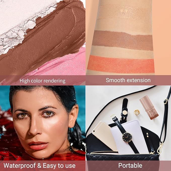 3Pcs Cream Contour Stick, with Highlighter Stick Milk Bronzer Stick Blush Stick, Face Contour Stick Highlighter Makeup with Makeup Brush and Sponge, Easy to Sculpt the Face, Long Lasting-FemmiqueWomen