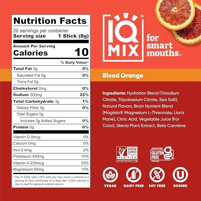 IQMIX Hydration Electrolyte Powder – 4-in-1 Formula for Hydration, Mental Clarity, Mood and Recovery – Sugar-Free Drink Mix, Keto, Magnesium L-Threonate, Lion’s Mane – 20 Count Blood Orange-FemmiqueWomen