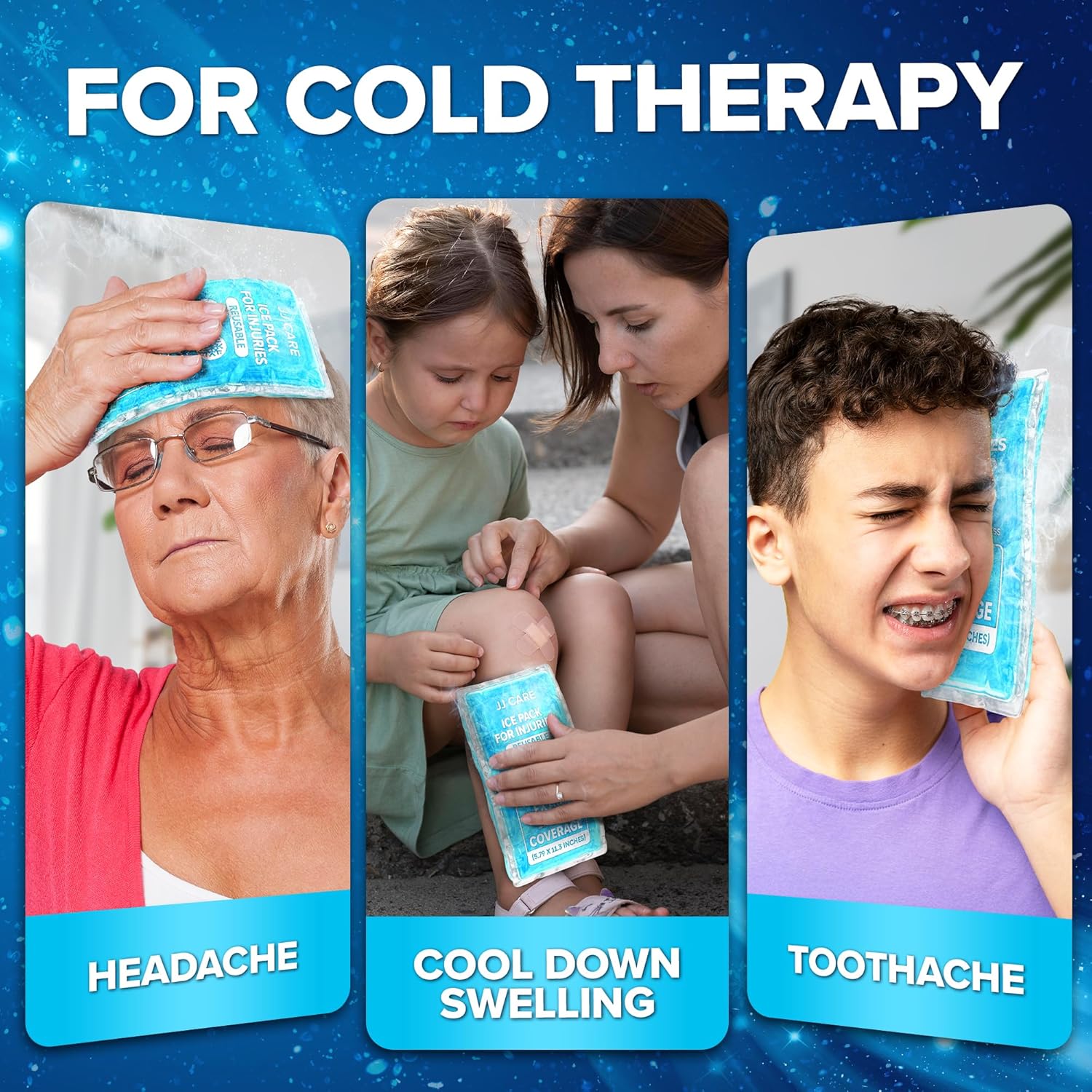 JJ CARE Gel Ice Packs Reusable (Pack of 2, XL) - Ice Packs for Injuries Reusable - Soft Ice Pack for Injuries with Wrap - Flexible Therapy, for Knee, Back, Neck, Wrist, & Ankle-FemmiqueWomen