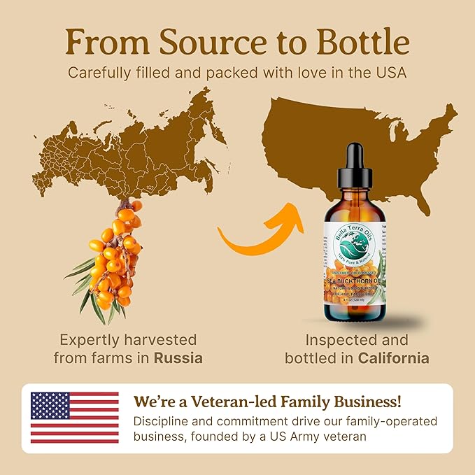 Bella Terra Oils - Organic Sea Buckthorn Oil 2 oz - Dive into Rich Essence of Organic Sea Buckthorn Berry, Packed with Vitamin C, E, & A, Omega-Fatty Acids Delight for Face-FemmiqueWomen