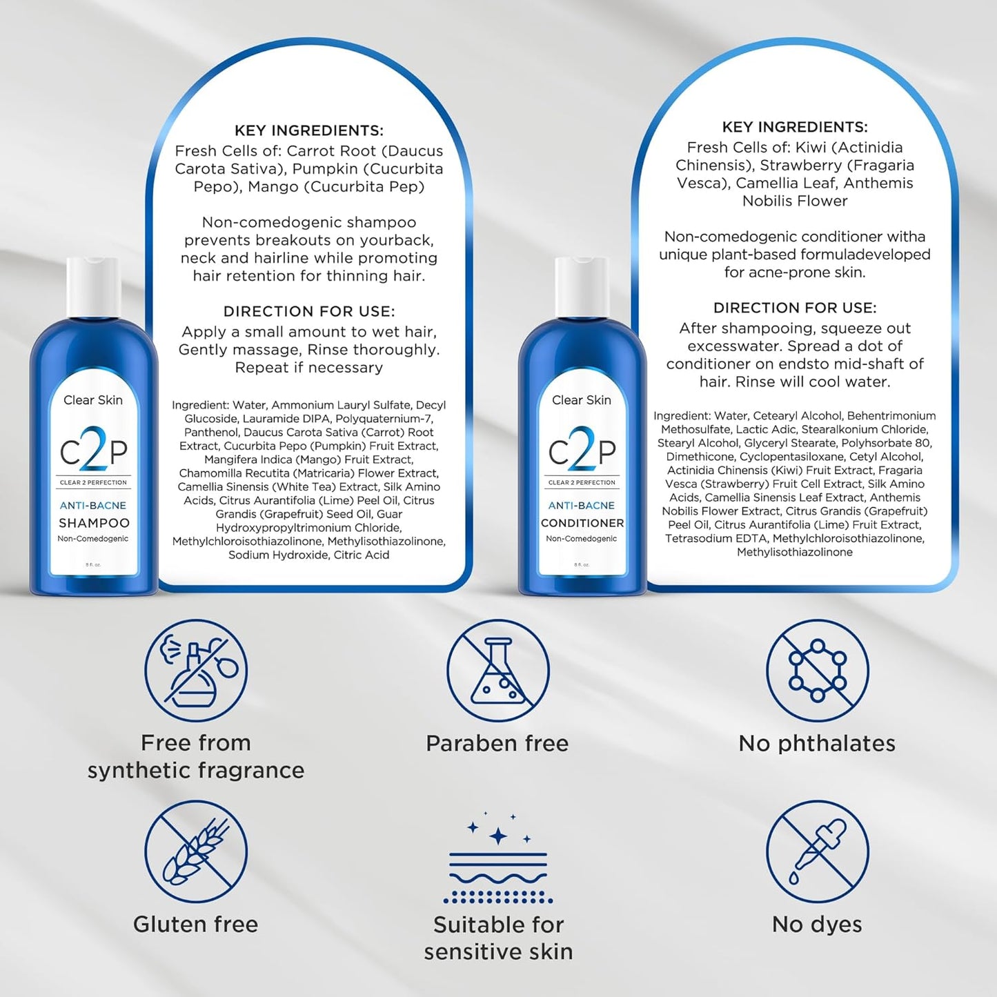 Non-Comedogenic & Sulfate-Free Shampoo & Conditioner Set by Clear 2 Perfection, Ideal for Acne-Prone Skin & Bacne, Esthetician Developed, Fights Breakouts & Promotes Healthy Hair-FemmiqueWomen