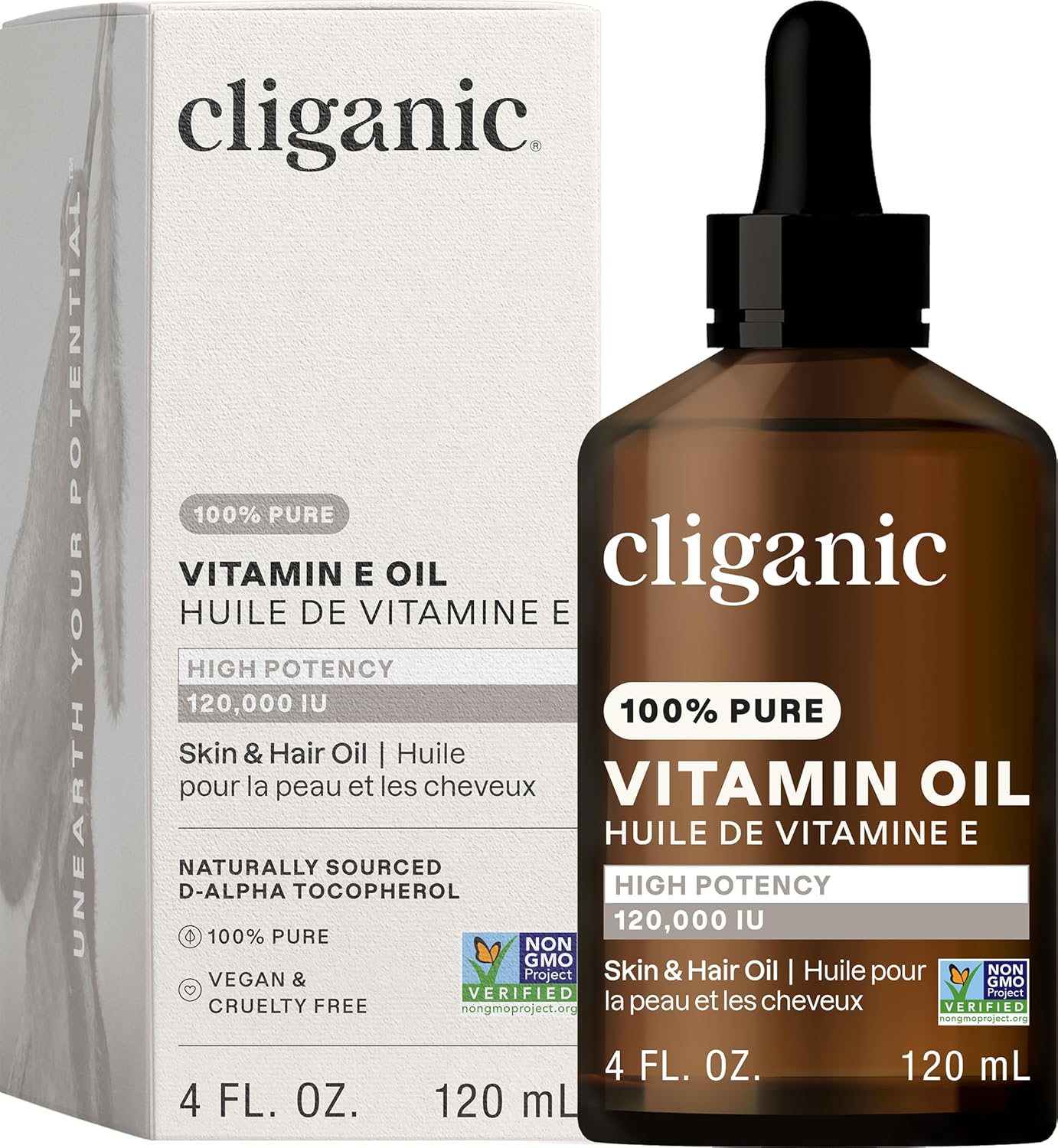 Cliganic Pure Vitamin E Oil for Skin, Scars, Hair & Face - 120,000 IU, Non-GMO Verified | Natural D-Alpha Tocopherol-FemmiqueWomen