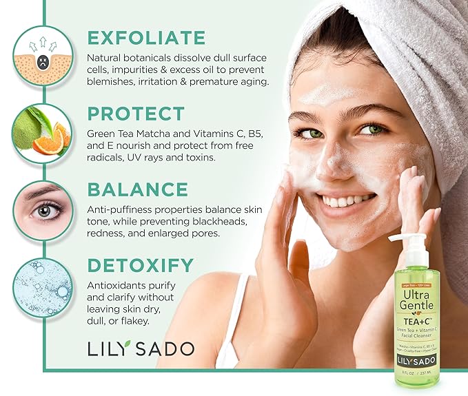LILY SADO TEA+C™ Green Tea & Vitamin C Face Cleanser – Natural Vegan Antioxidant Daily Face Wash with Aloe, Rosehip, Meadowfoam - Gentle Deep Cleansing for Acne, Blackheads, Blemishes. 8 oz-FemmiqueWomen