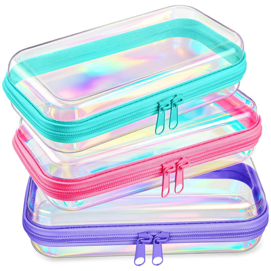 Hoolerry 3 Pcs Clear Hard Zipper Case Plastic Pouch Transparent Hard Case Clear Makeup Bag Portable Travel Organizer Bin for Cosmetics, Building Blocks, Puzzles(Laser,S)-FemmiqueWomen
