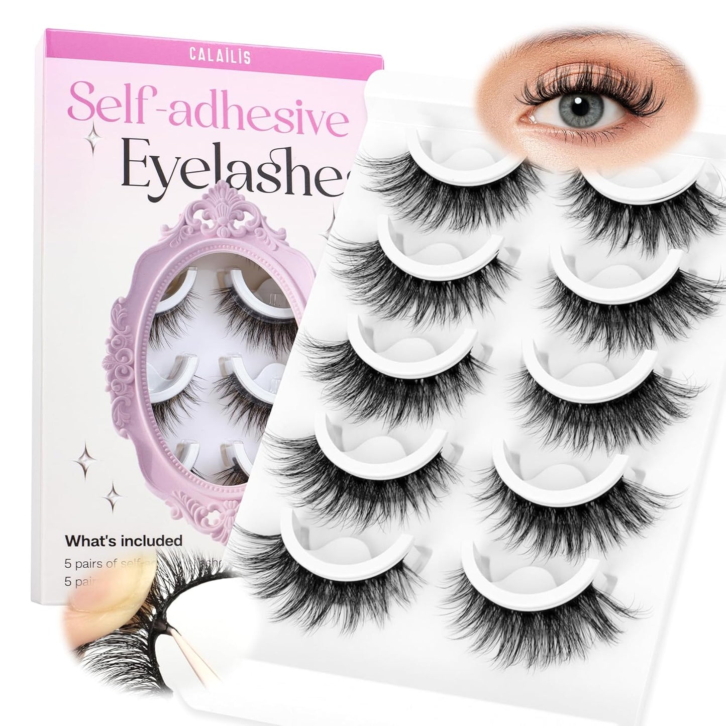 CALAILIS Self Adhesive Eyelashes 5 Pairs Natural Look Press On Lashes No Glue Need Eyelashes Reusable Cat Eye Wispy Self-adhesive False Lashes with Replacement Adhesive Strips (C131)-FemmiqueWomen