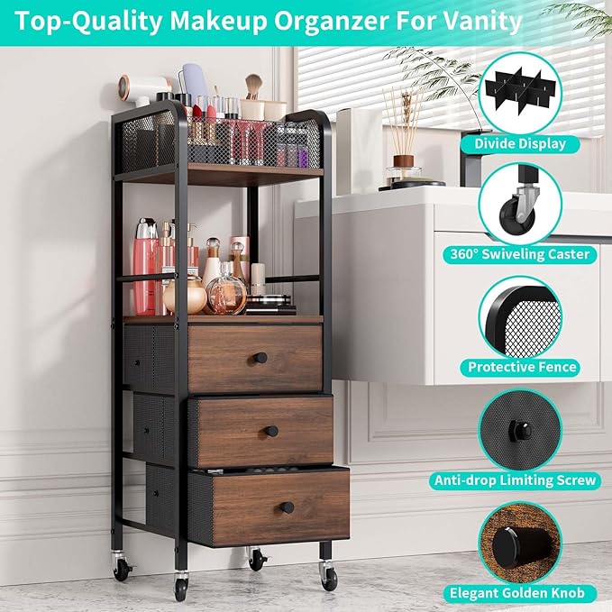 HapiRm Rolling Makeup Cart Organizer - Floor Skincare Make Up Storage with 3 Drawers, Vanity Organizer Cosmetic Display Cases Holder for Skin Care Perfume Nail Polish Brush Hair Tool-FemmiqueWomen
