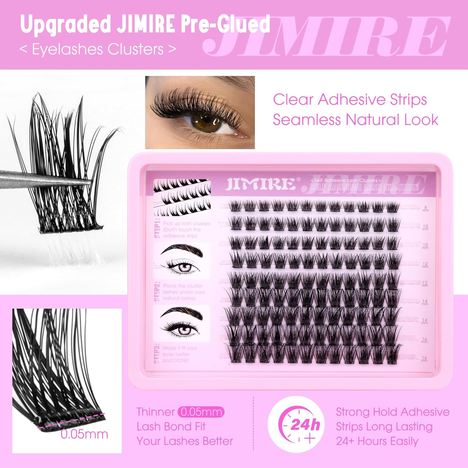 JIMIRE Self Adhesive Eyelashes Natural Wispy 8-16MM Pre Glued Lash Clusters No Glue Needed Press on Lashes Reusable Self Adhesive Lashes Classic Eyelash Clusters Easy to Apply-FemmiqueWomen