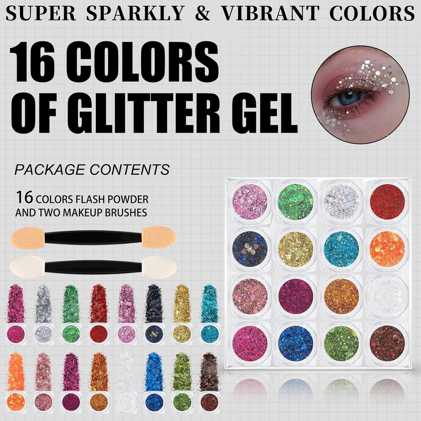 16 Colors Chunky Fine Mixed Holographic Glitter Gel Set for Face and Body Makeup Festival Party Sparkle Glitter Gel Decoration Rave Accessories-FemmiqueWomen