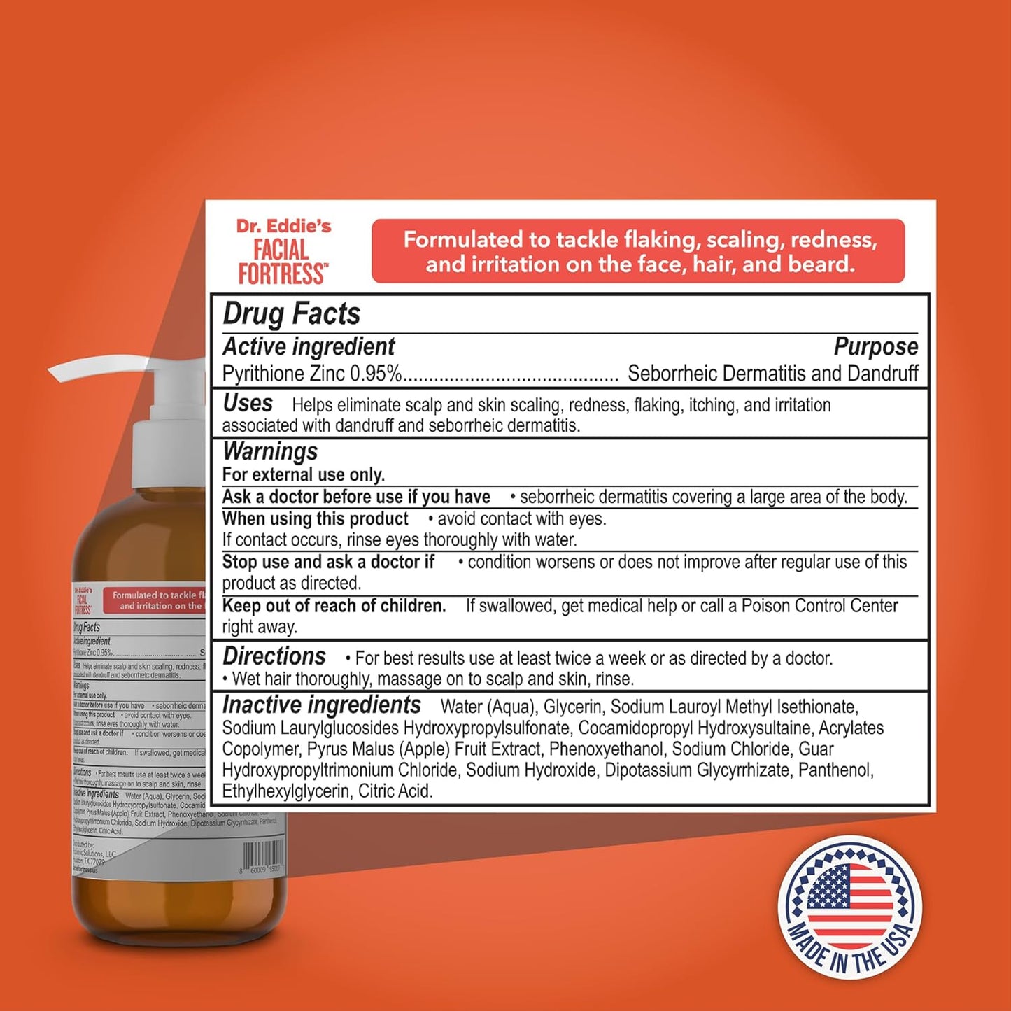 Dr. Eddie's Facial Fortress 3 in 1 Face, Hair, & Beard Wash - Beard Dandruff Shampoo for Men, Beard Cleanser, Face Wash, Beard Care, Face Soap with Pyrithione Zinc - 8 Fl Oz (Pack of 1)-FemmiqueWomen