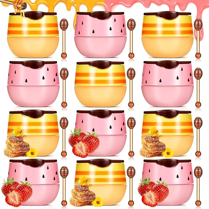 12 Pcs Bee Lip Balm Honey Pot with Brush Propolis Lip Mask Overnight, Moisturizing Hydrating Lip Sleeping Mask Prevention Dry and Cracked(Honey+Strawberry)-FemmiqueWomen