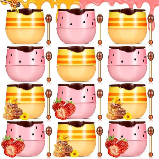 12 Pcs Bee Lip Balm Honey Pot with Brush Propolis Lip Mask Overnight, Moisturizing Hydrating Lip Sleeping Mask Prevention Dry and Cracked(Honey+Strawberry)-FemmiqueWomen