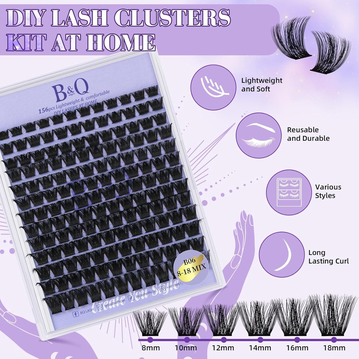 Lash Extension Kit B06 Eyelash Extension Kit B&Qaugen DIY Lash Extension Kit 156 PCS Lash Clusters 8-18mm Cluster Eyelash Extensions Kit with Lash Bond and Seal Lash Applicator Tool (Kit,B06)-FemmiqueWomen