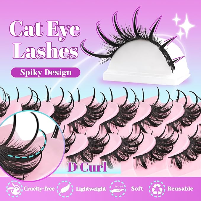 Losha Lashes Spiky Manga Lashes Wet Look Dramatic False Eyelashes 10 Pairs D Curl Cat Eye Lashes Kit with Lash Glue and Lash Tweezers Cosplay Anime Fake Eyelashes (Daring)-FemmiqueWomen
