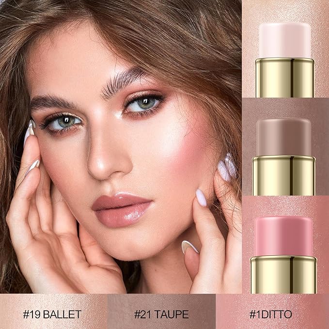 3 Pcs FAIR-COOL Contour Stick Set,Cream Blush & Highlighter Bronzer Pen,Long Lasting & Smooth Natural Face Contouring Illuminator,Professional Makeup Kit for All Skin-FemmiqueWomen