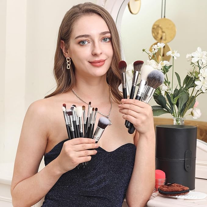 Bueart Design Pro makeup Artist 34Pcs Deluxe Real Goat Hair Horse hair Makeup Brushes Set with extra Large Holder High End Professional labeled makeup brush set with natural Pony Hair-FemmiqueWomen