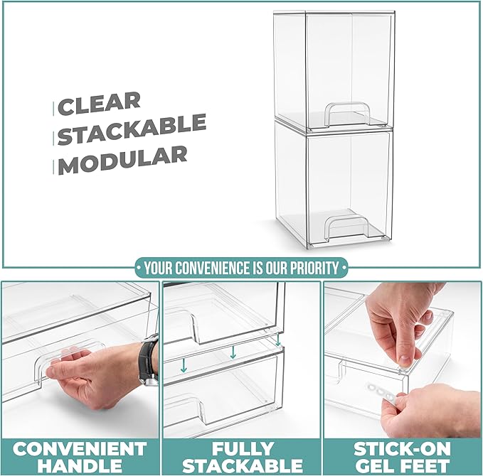 Sorbus Acrylic Storage Containers - 2 Pack, Stackable Storage Bins Set for Bathroom Organization - Clear Acrylic Drawer Organizers - Makeup Case Pull-Out Drawers (7.6’’ Tall)-FemmiqueWomen