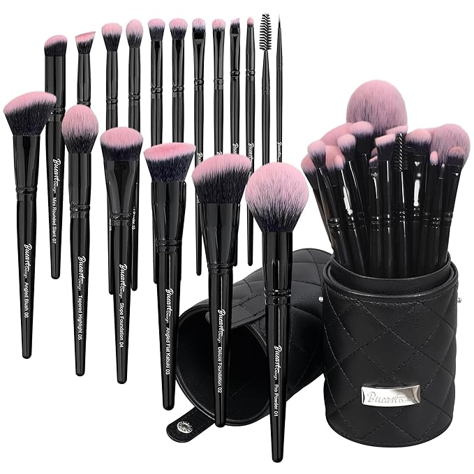 Bueart Design 18Pcs Pro Deluxe Fuchsia Pink Black Makeup Brushes set with Travel Make up Brush Holder case Foundation concealer contour Blush eyeshadow face make up brush set-FemmiqueWomen
