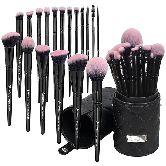 Bueart Design 18Pcs Pro Deluxe Fuchsia Pink Black Makeup Brushes set with Travel Make up Brush Holder case Foundation concealer contour Blush eyeshadow face make up brush set-FemmiqueWomen