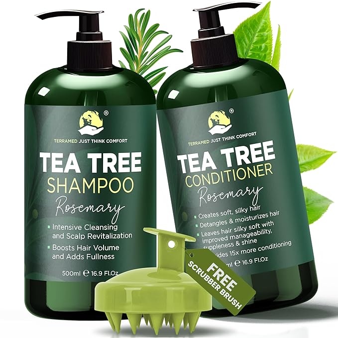 Rosemary Shampoo and Conditioner Set Infused with Tea Tree & Rosemary Oils for Scalp Relief and Hair Growth | Sulfate Free, Soothes Dry Scalp, Boosts Shine + Free Scalp Brush | 16.9 fl oz-FemmiqueWomen