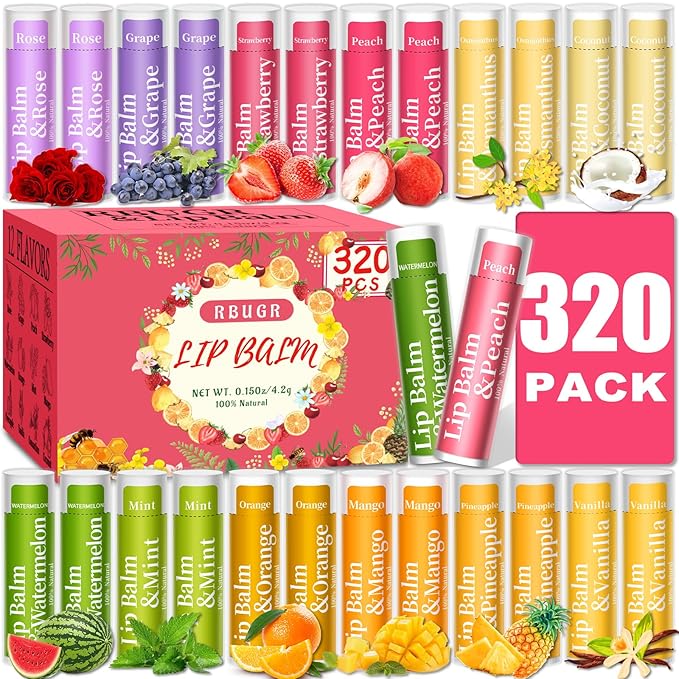 320 Pcs Lip Balm Bulk, 12 Flavored Pack of Lip Balms Natural Lip Balm Pack, Moisturising Organic Lip Balm Set for Cracked Lips, Bulk Gifts Stocking Stuffers Party Favors(4.2g/0.15oz)-FemmiqueWomen