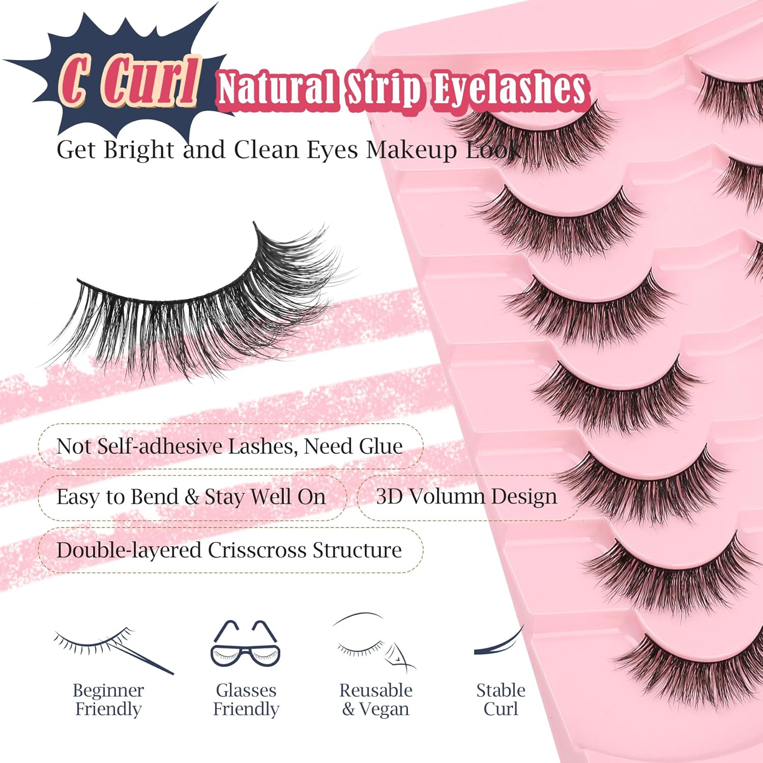 Lashes False Eyelashes 13MM Wispy Lashes Pack Fluffy Lash Strip EyeLashes with Thin Band C Curl Natural Lashes Fake Eyelash 7 Pair Siligli-FemmiqueWomen