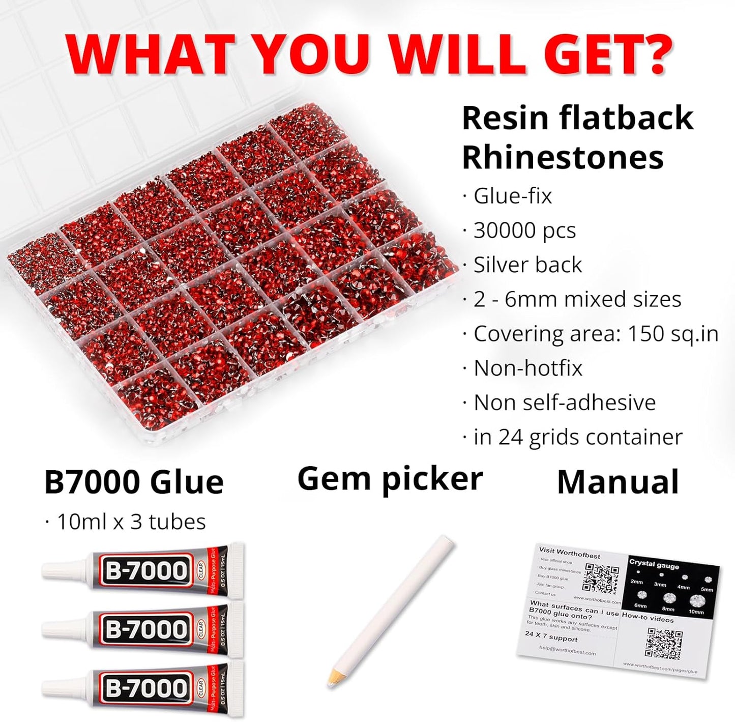 30000Pcs Resin Rhinestones for Crafting Bedazzling, Red Flatback Gems Jewels Rinestones for Crafts Clothing Clothes Shoes Fabric Tumblers Cups, Sparkly Red Flat Back Bedazzled Diamond with b 7000 Glue-FemmiqueWomen