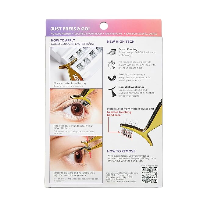 KISS imPRESS Falsies Self Adhesive Eyelashes, Press On Lashes, 12mm-14mm Glam Volume Lashes, Black, No Glue Needed, Invisible Band, 36 Lash Clusters & Non-Stick Applicator - Voluminous-FemmiqueWomen