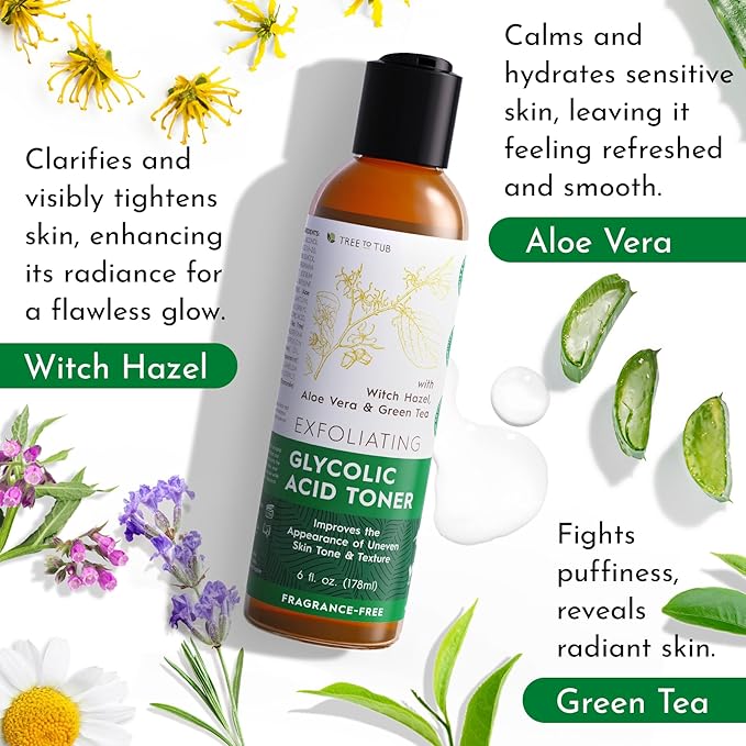 Tree To Tub Glycolic Acid Toner for Face w/Witch Hazel & Hydrating Aloe Vera for Smooth Skin - Minimizes Appearance of Fine Lines & Brightens - Vegan Exfoliating Toner for Women & Men-FemmiqueWomen