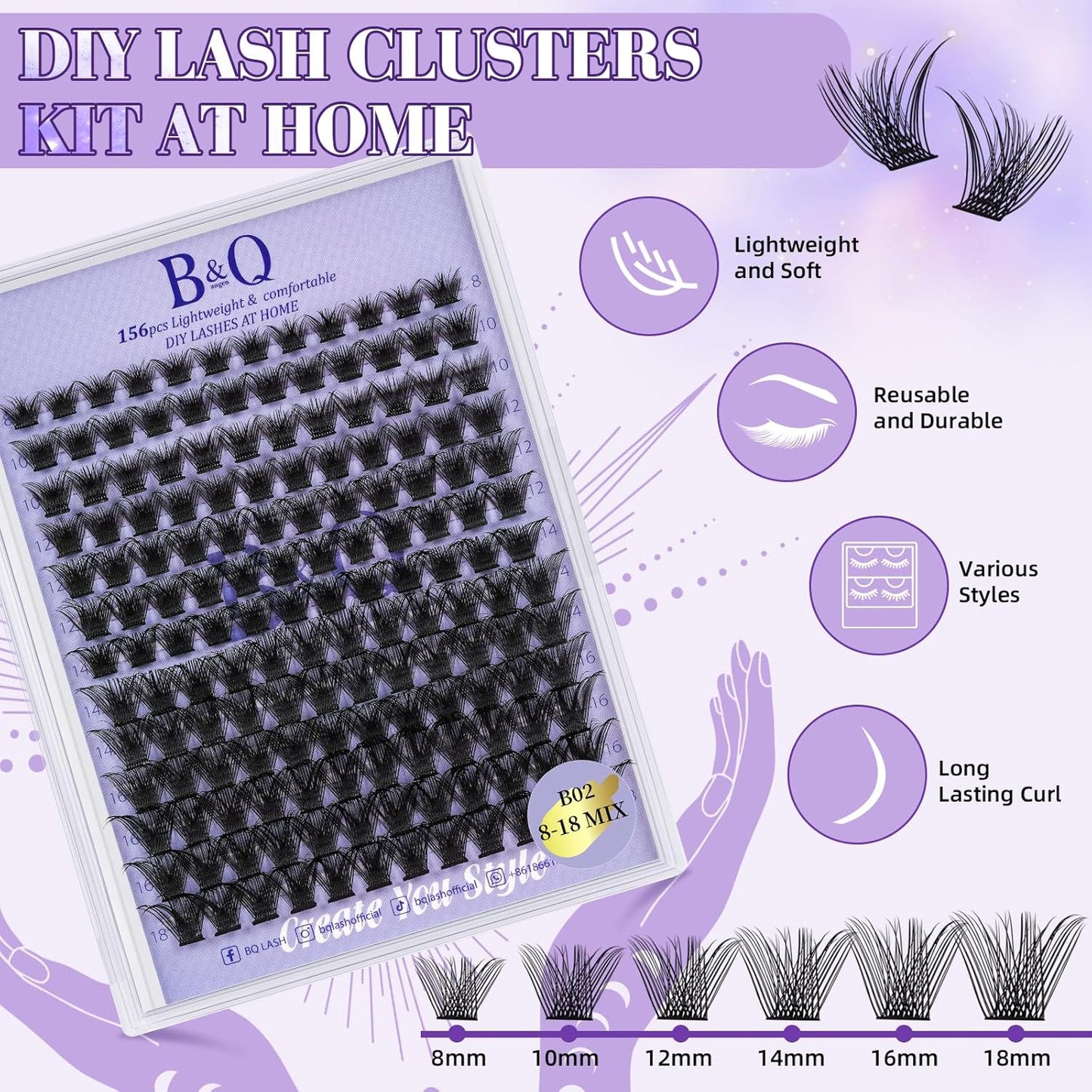 Lash Extension Kit B02 Eyelash Extension Kit B&Qaugen DIY Lash Extension Kit 156 PCS Lash Clusters 8-18mm Cluster Eyelash Extensions Kit with Lash Bond and Seal Lash Applicator Tool (Kit,B02)-FemmiqueWomen