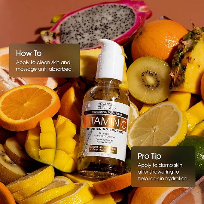 Advanced Clinicals Vitamin C illuminating Body Oil For Women & Men |Vitamin C Oil Skin Care Body Moisturizer With Vitamin E + Botanicals To Help Improve Appearance Of Dark Spots + Dry Skin, 3.8 Fl Oz-FemmiqueWomen