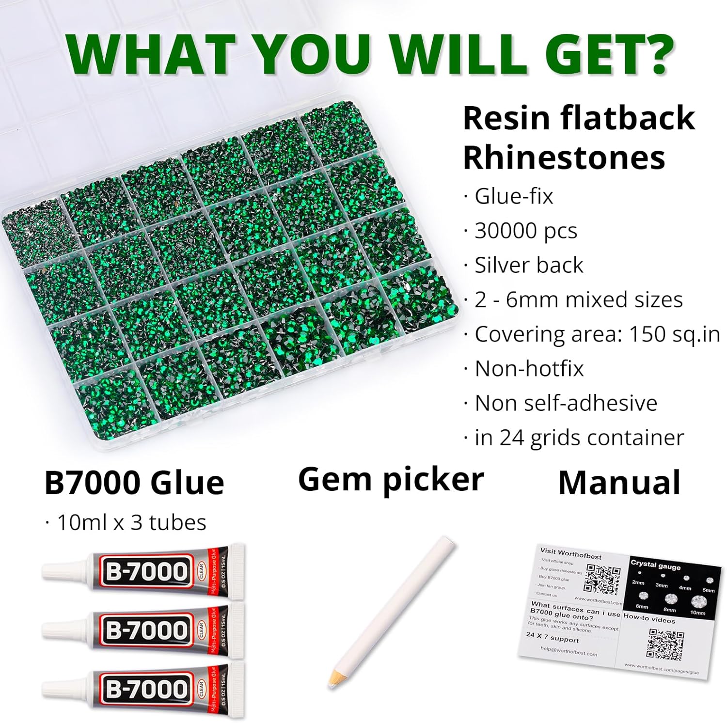 30000Pcs Resin Rhinestones for Crafting Bedazzling, Green Flatback Gems Crystal for Crafts Clothing Shoes Fabric Tumbler Cups, Flat Back Dark Emerald Green Jewels Bulk with b7000 Glue-FemmiqueWomen