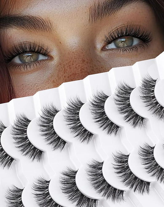 Lashes Volume False Eyelashes Wispy Natural Look Everyday Flared Strip EyeLash Fluffy Lash Long Soft Round-Eye Pack 16MM 7 Pairs D89-FemmiqueWomen
