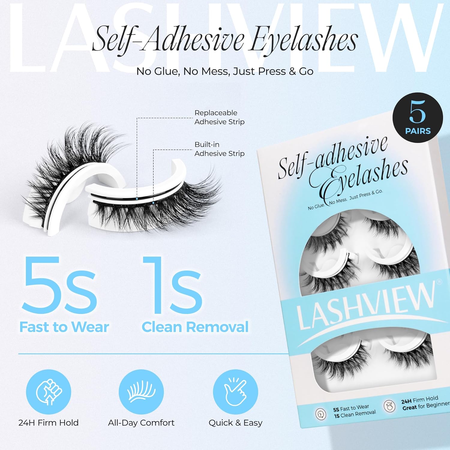 LASHVIEW Self Adhesive Eyelashes 5 Pairs Cat Eye Wispy Self-adhesive False Lashes Reusable Natural Look Press On Lashes No Glue Need Eyelashes with Replacement Adhesive Strips (CV105)-FemmiqueWomen