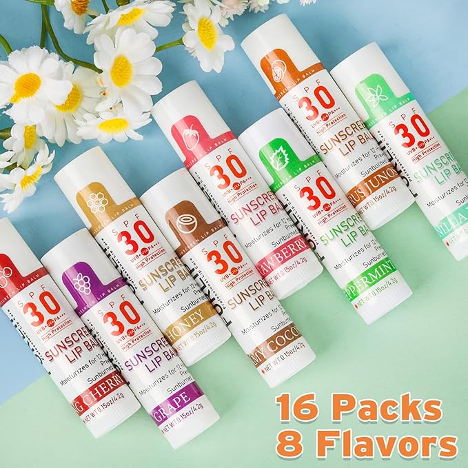 SPF 30 Lip Balm with Sunscreen, SPF Lip Balm Bulk Travel Size-16 Pack, Hydrating Lip Balm Pack with Vitamin E and Coconut Oil- 8 Flavors-FemmiqueWomen