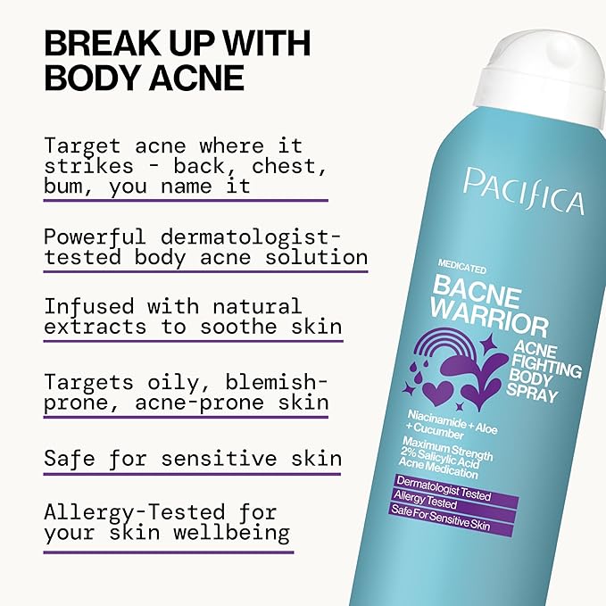 Pacifica Bacne Acne Cleanser Spray - Bacne Warrior - Body Spray for Acne Treatment - w/ 2% Salicylic Acid Niacinamide & Aloe - for Body, Chest & Back Acne for Teens & Adults Vegan Dermatologist Tested-FemmiqueWomen