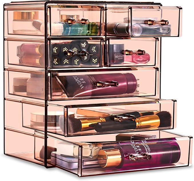 Sorbus Acrylic Clear Makeup Organizer - Big & Spacious Cosmetic Display Case - Stylish Designed Jewelry & Make Up Organizers and Storage for Vanity, Bathroom (4 Large, 2 Small Drawers) [Bronze Glow]-FemmiqueWomen